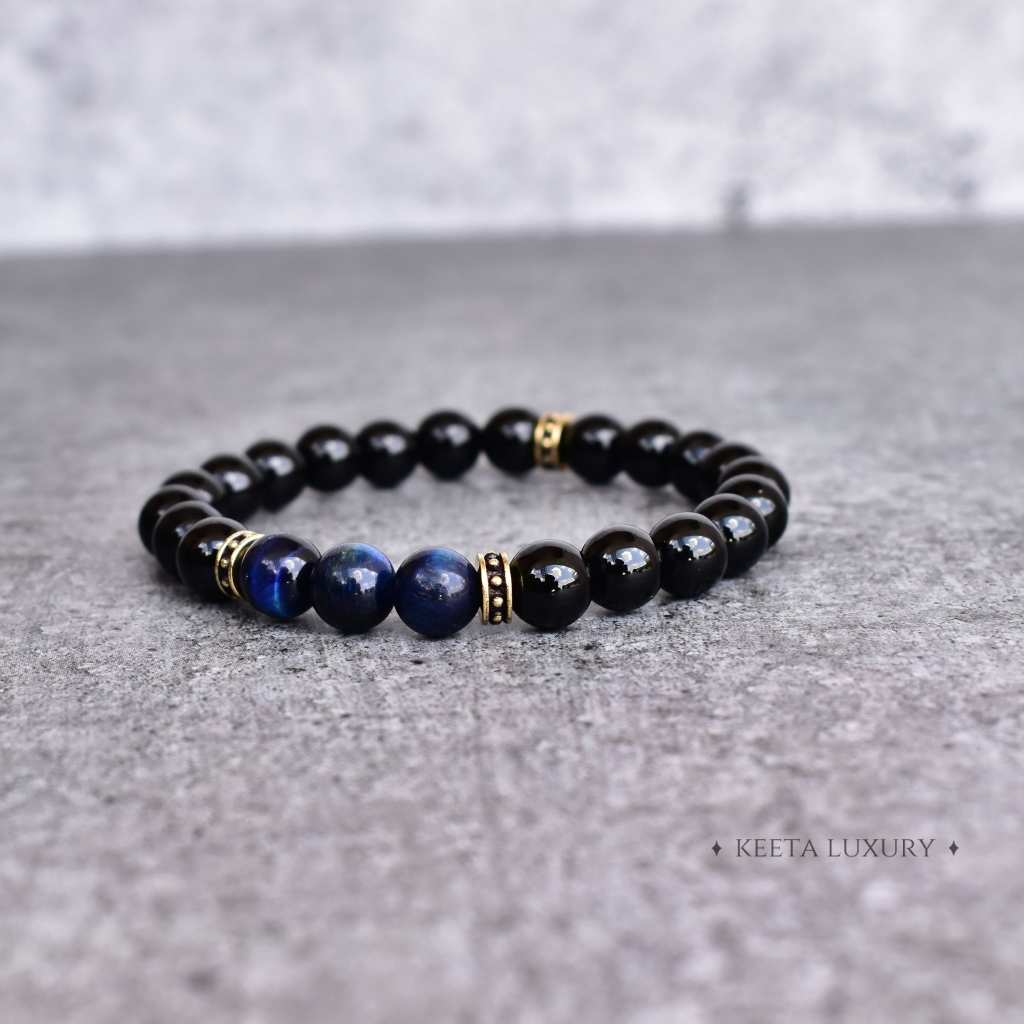 Blue Cheetah - Tiger Eye and Onyx Bead Bracelet -