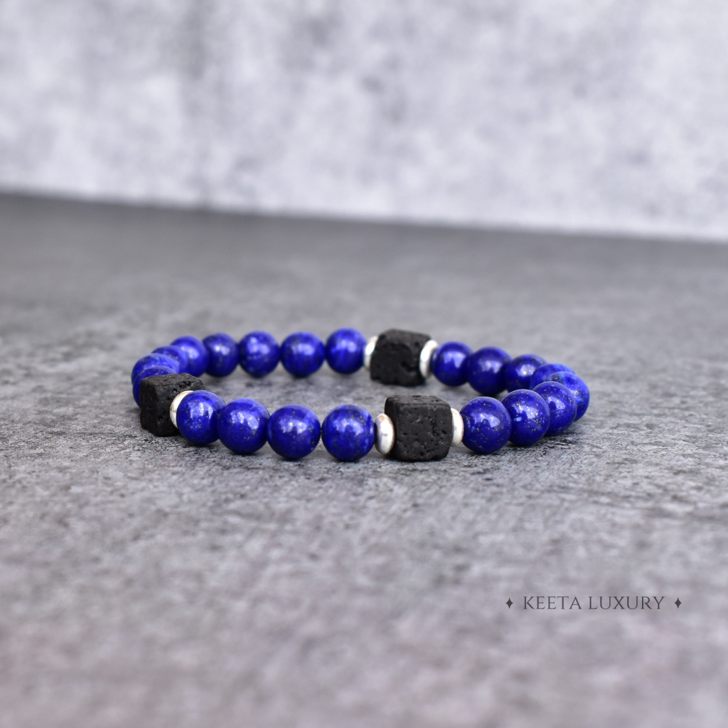 Blue Night - Lapis Lazuli and Lava Bead Bracelet -