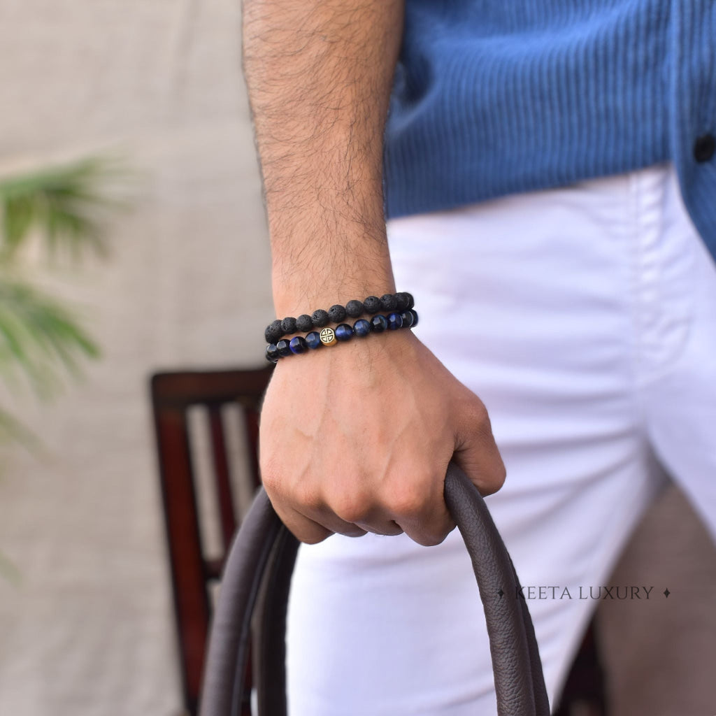 Dual Elemental - Blue Tiger's Eye & Lava Bead Bracelets -