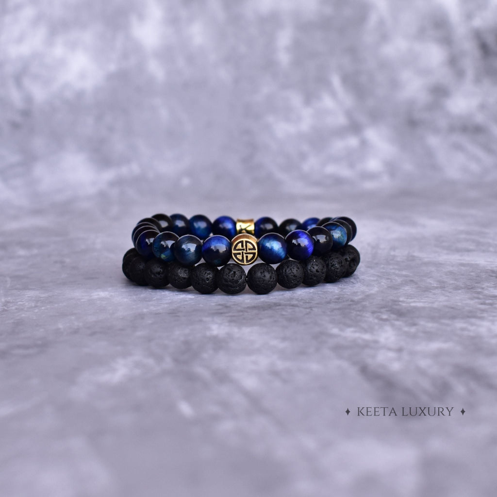 Dual Elemental - Blue Tiger's Eye & Lava Bead Bracelets -