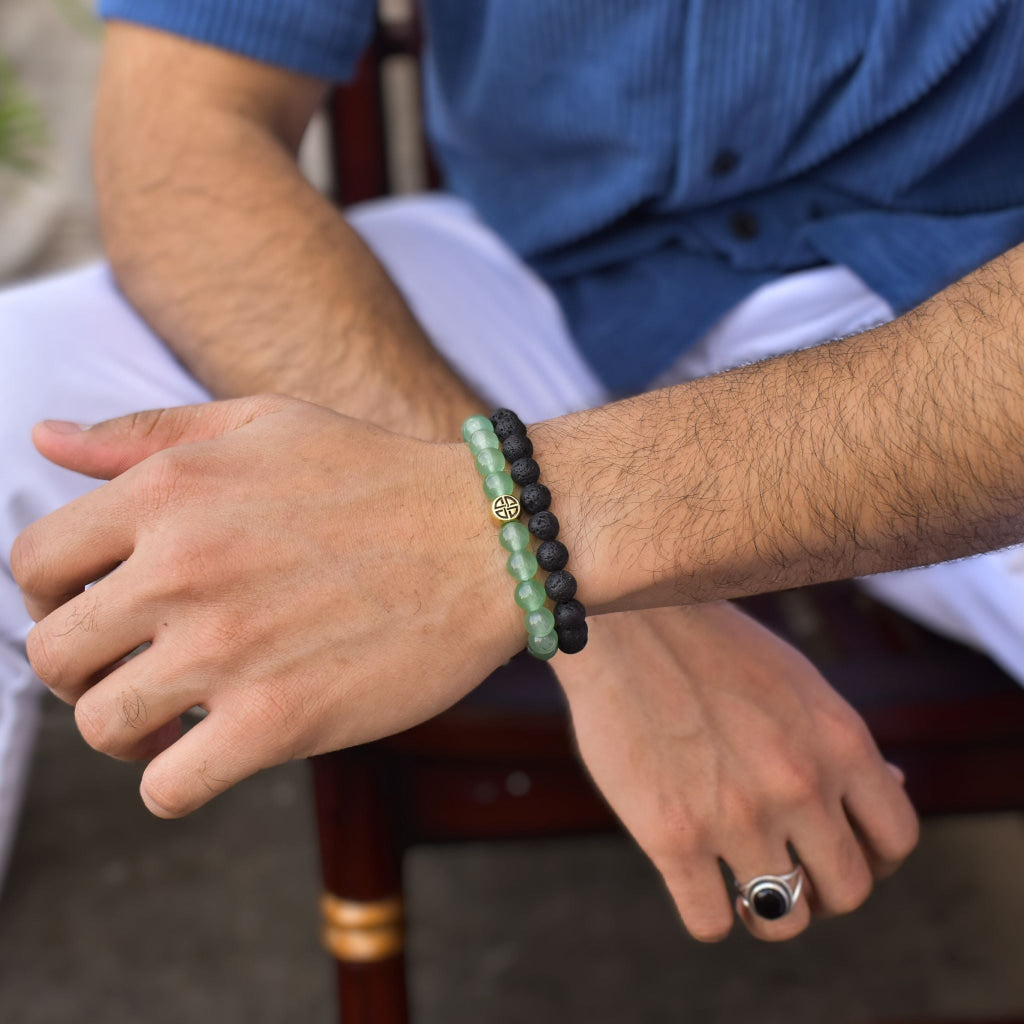 Dual Elemental - Green Aventurine & Lava Beads Bracelet -
