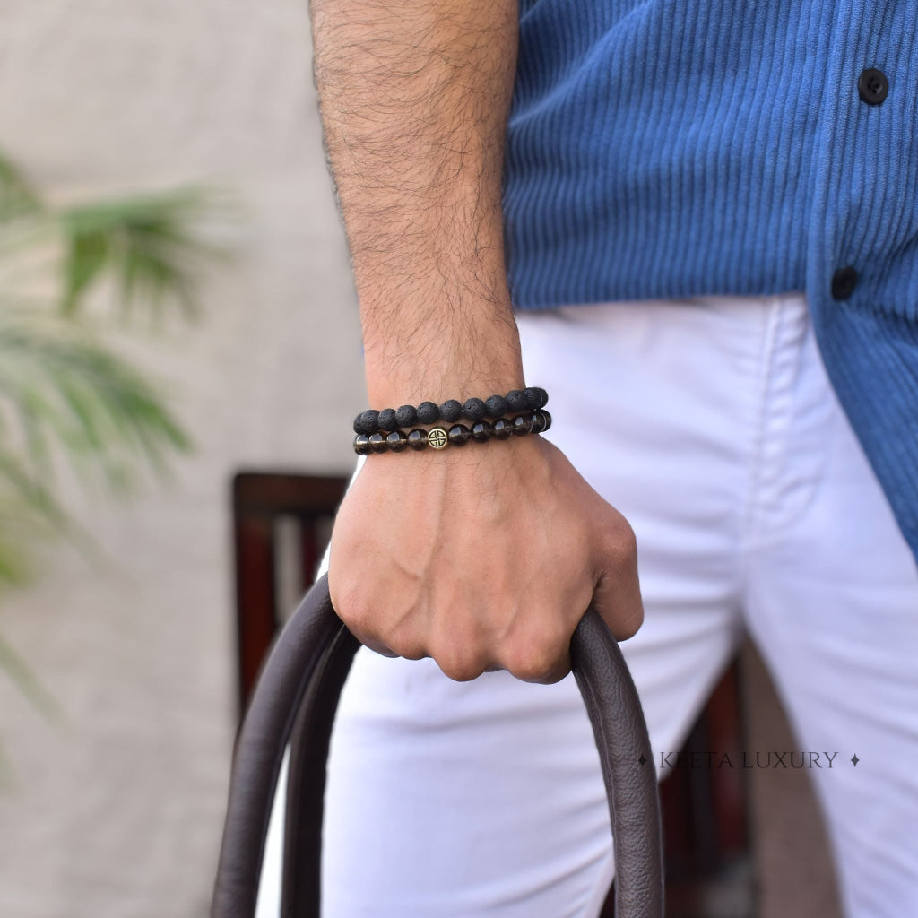 Dual Elemental - Smoky Quartz & Lava Beads Bracelet -