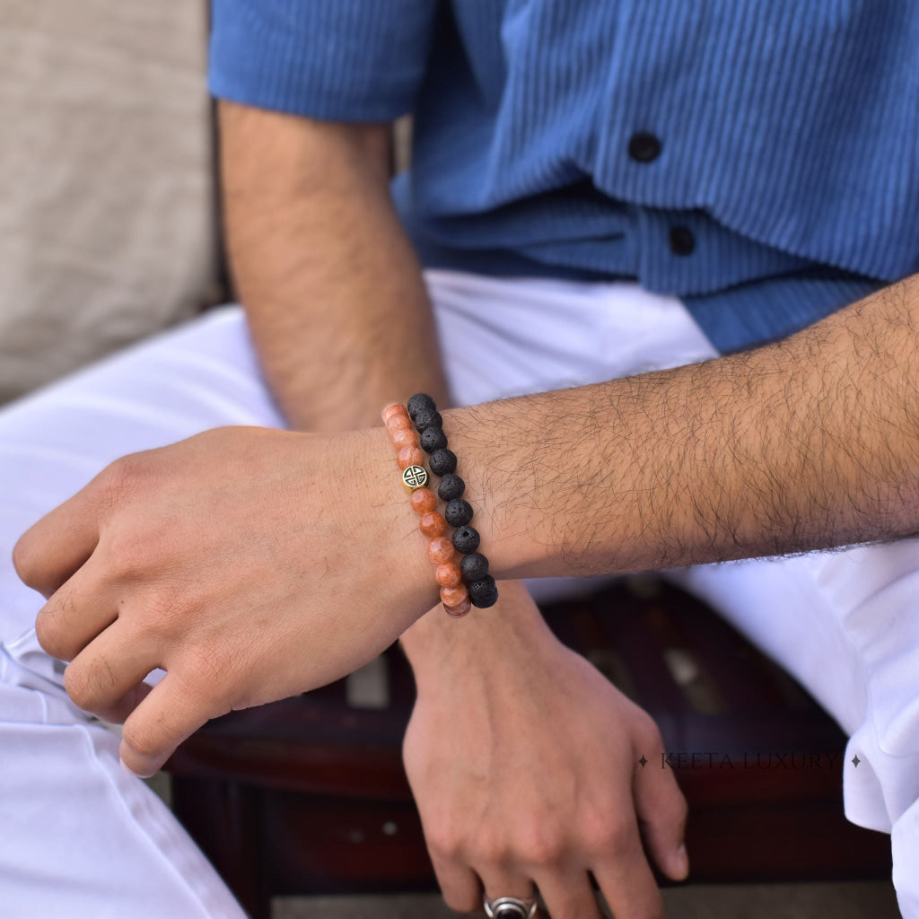Dual Elemental - Sunstone & Lava Bead Bracelet -