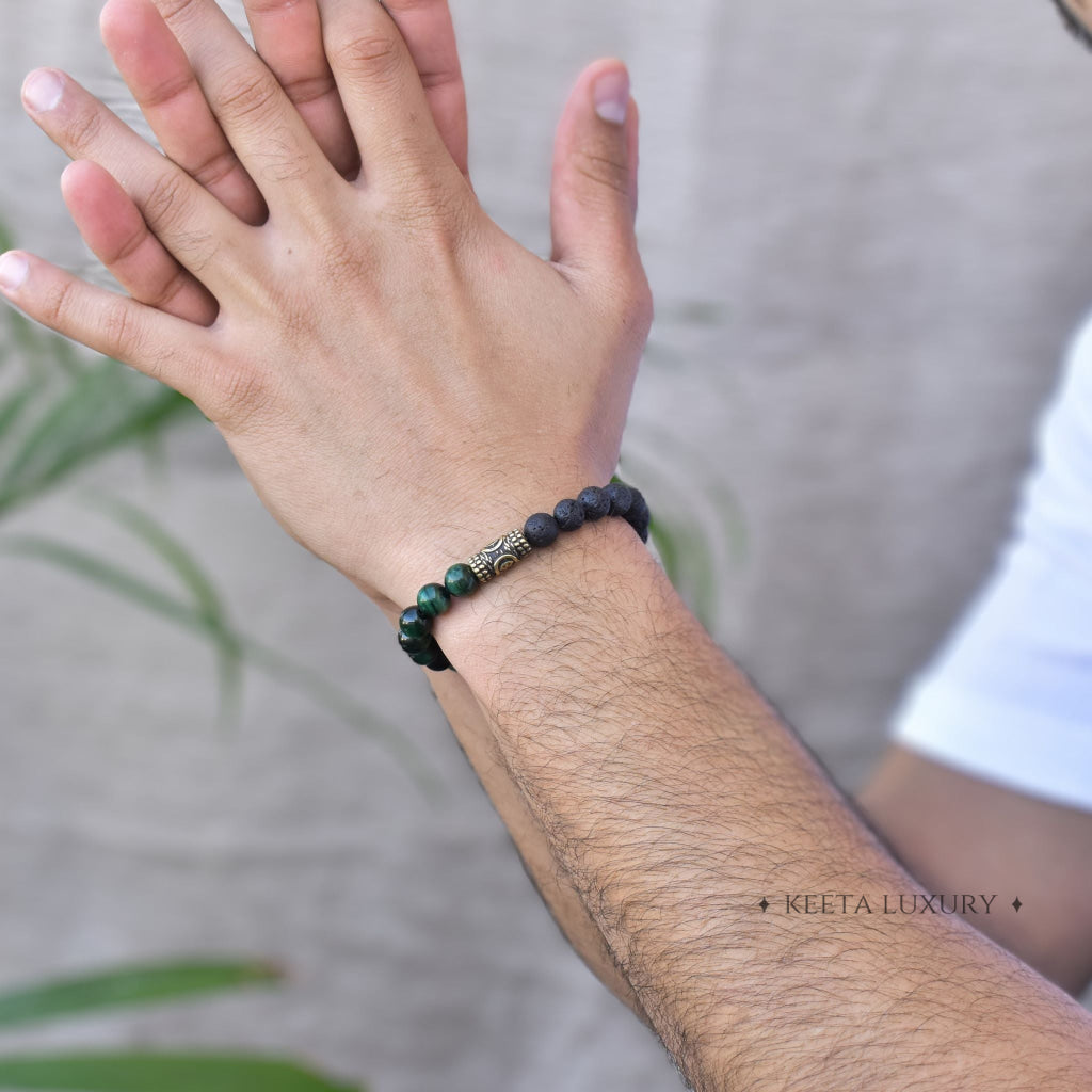 Hamsa Protection - Green Tiger's Eye & Lava Bracelets -