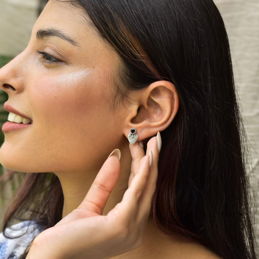 Tiny Leaf - Black Onyx Studs -
