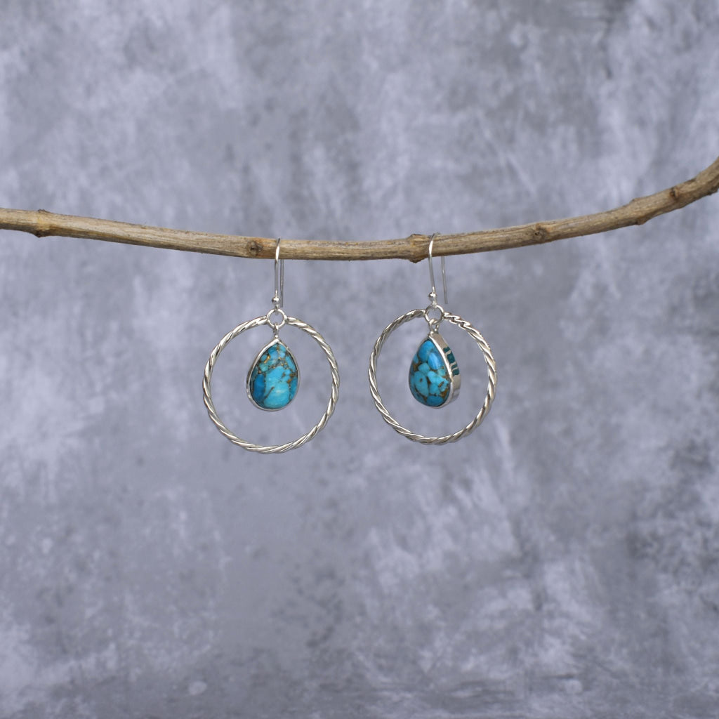 Twisted Pear - Copper Turquoise Hoop Earrings -