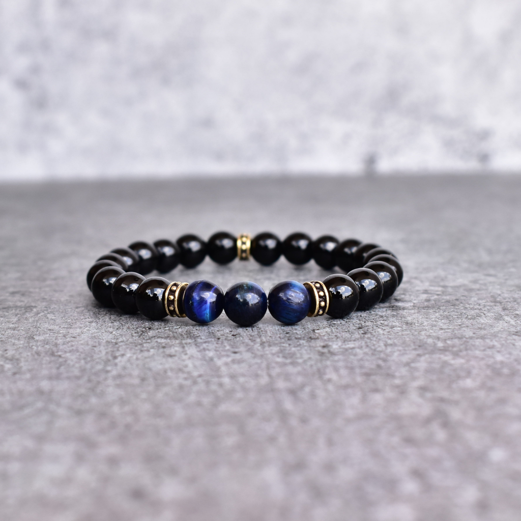 Blue Cheetah - Tiger Eye and Onyx Bead Bracelet -