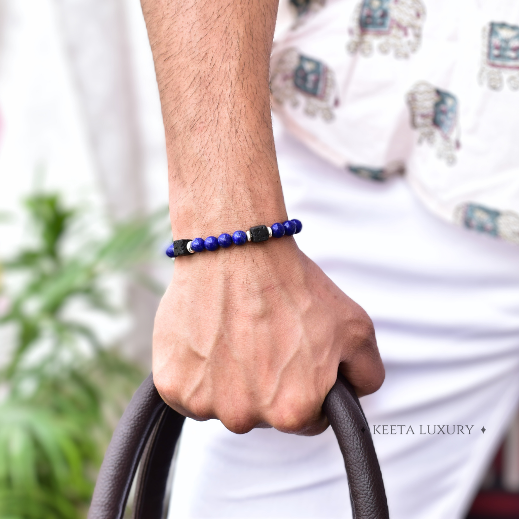 Blue Night - Lapis Lazuli and Lava Bead Bracelet -