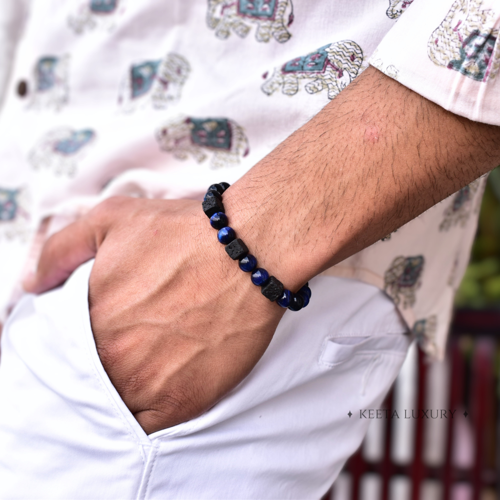 Blue Treasure - Tiger Eye and Lava Bracelet -