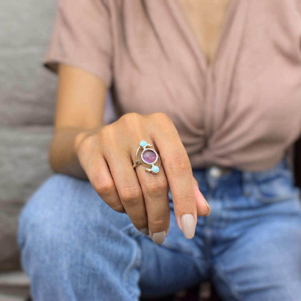 Cosmic Duet - Amethyst & Turquoise Ring Rings