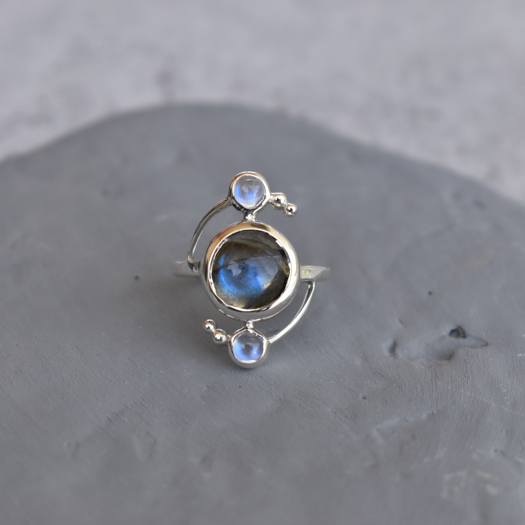 Cosmic Duet - Moonstone & Labradorite Ring -