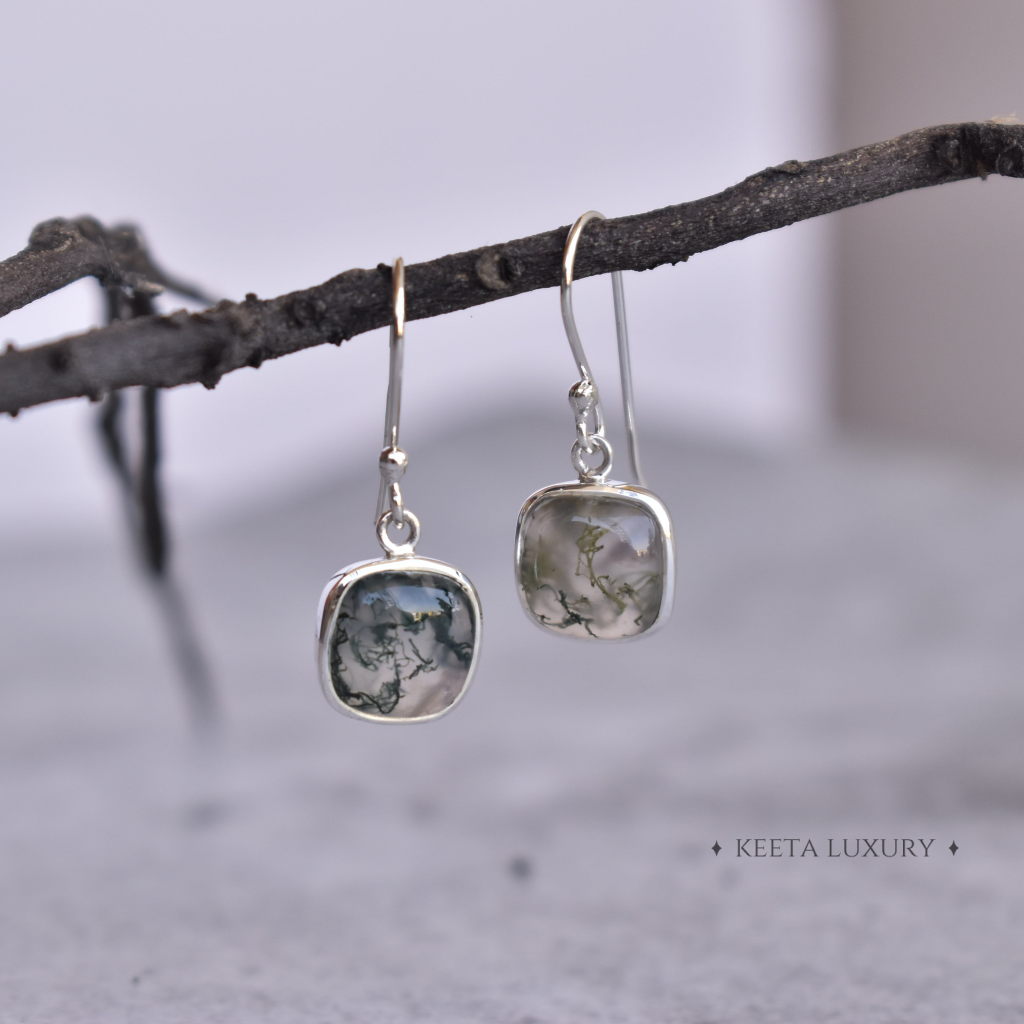 Cushion Conquer - Moss Agate Earrings -