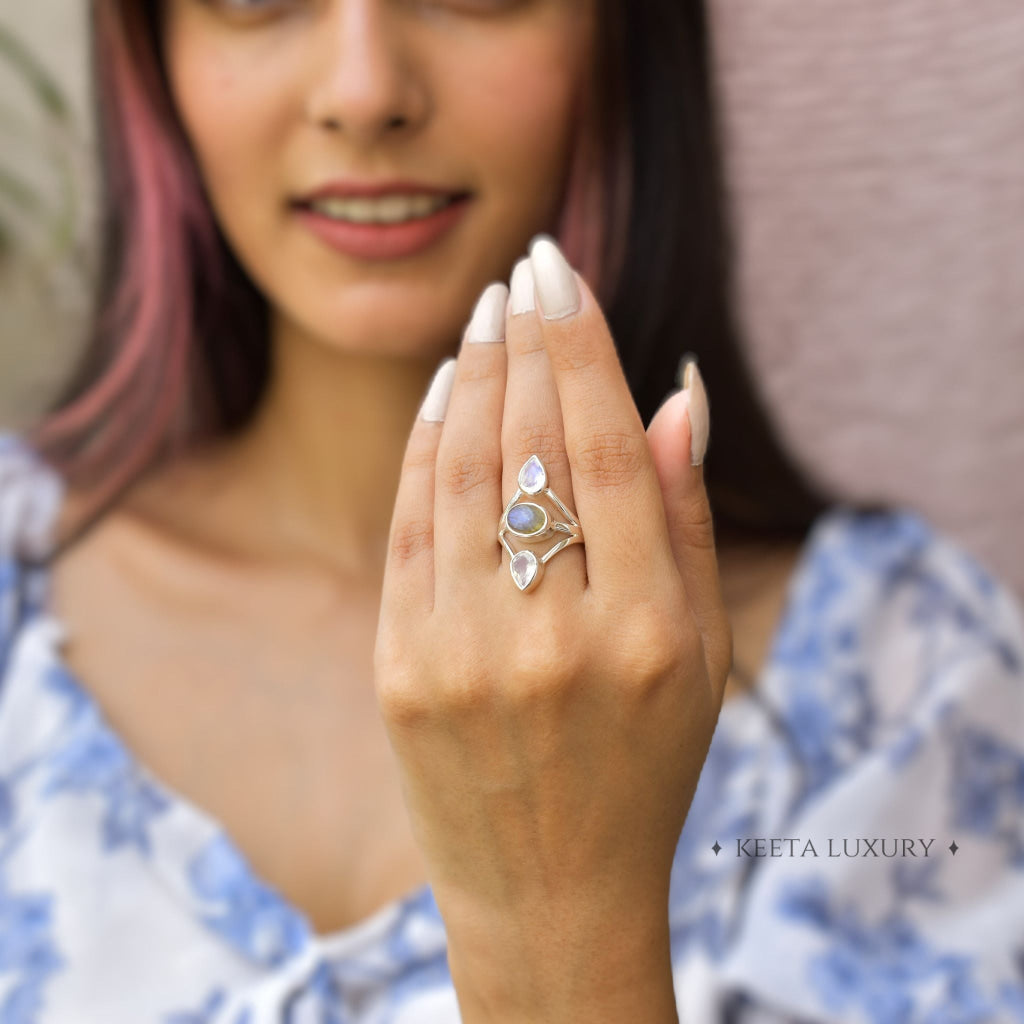 Double Delight - Moonstone & Labradorite Ring -