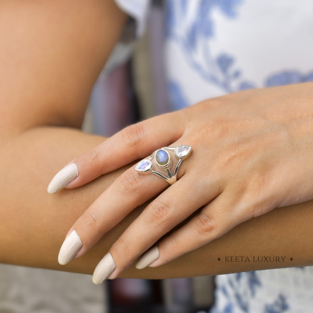 Double Delight - Moonstone & Labradorite Ring -