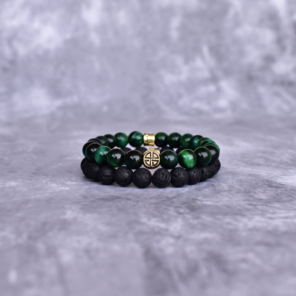 Dual Elemental - Green Tiger's Eye & Lava Beads Bracelets -