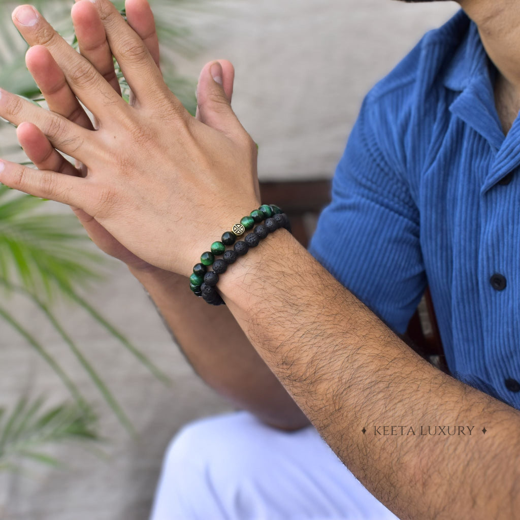 Dual Elemental - Green Tiger's Eye & Lava Beads Bracelets -