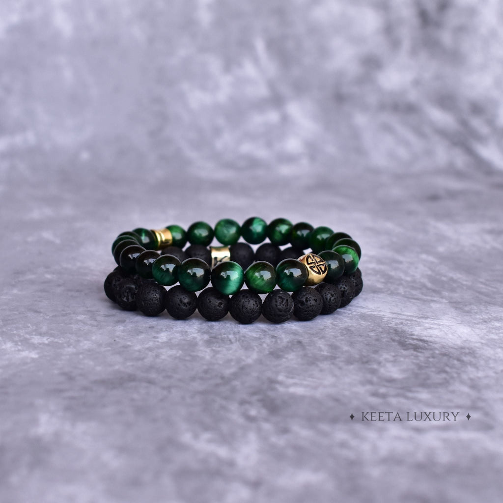 Dual Elemental - Green Tiger's Eye & Lava Beads Bracelets -