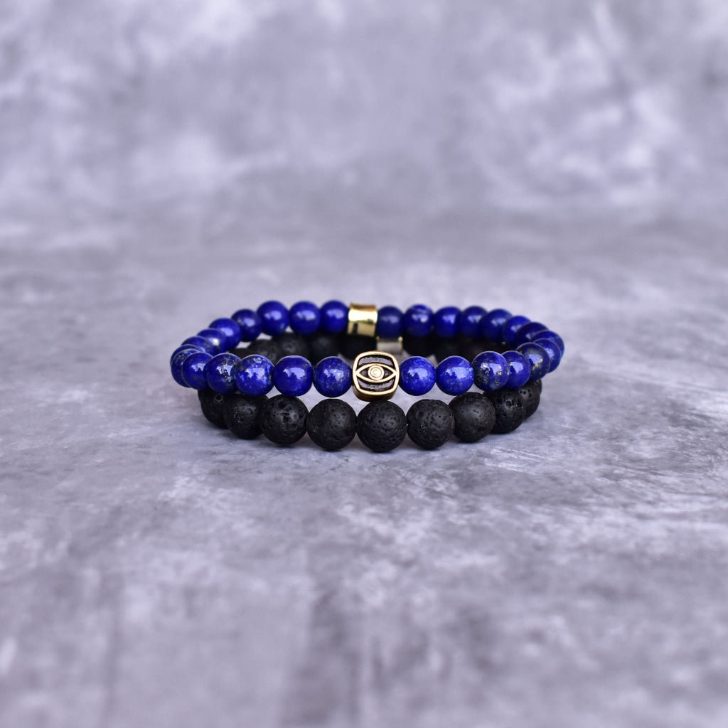 Dual Gaze - Lapis Lazuli & Lava Bead Bracelet -