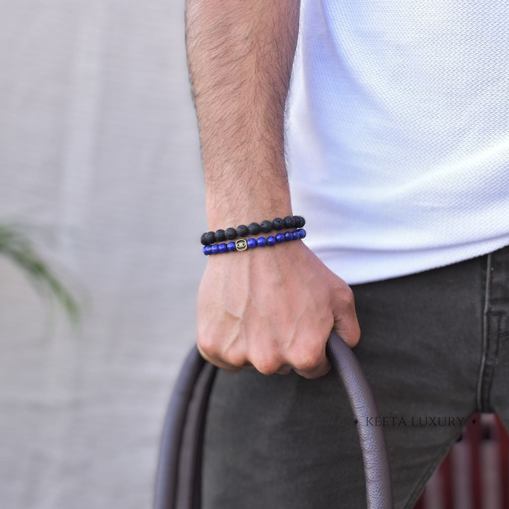 Dual Gaze - Lapis Lazuli & Lava Bead Bracelet -