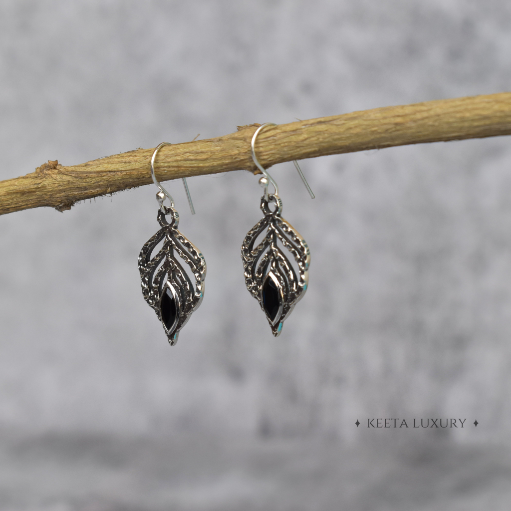 Feather - Black Onyx Earrings -
