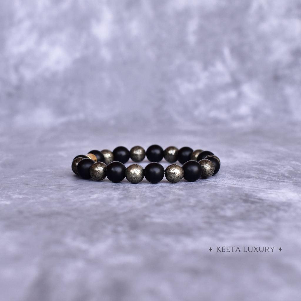 Golden Eclipse - Pyrite & Onyx Bead Bracelet -