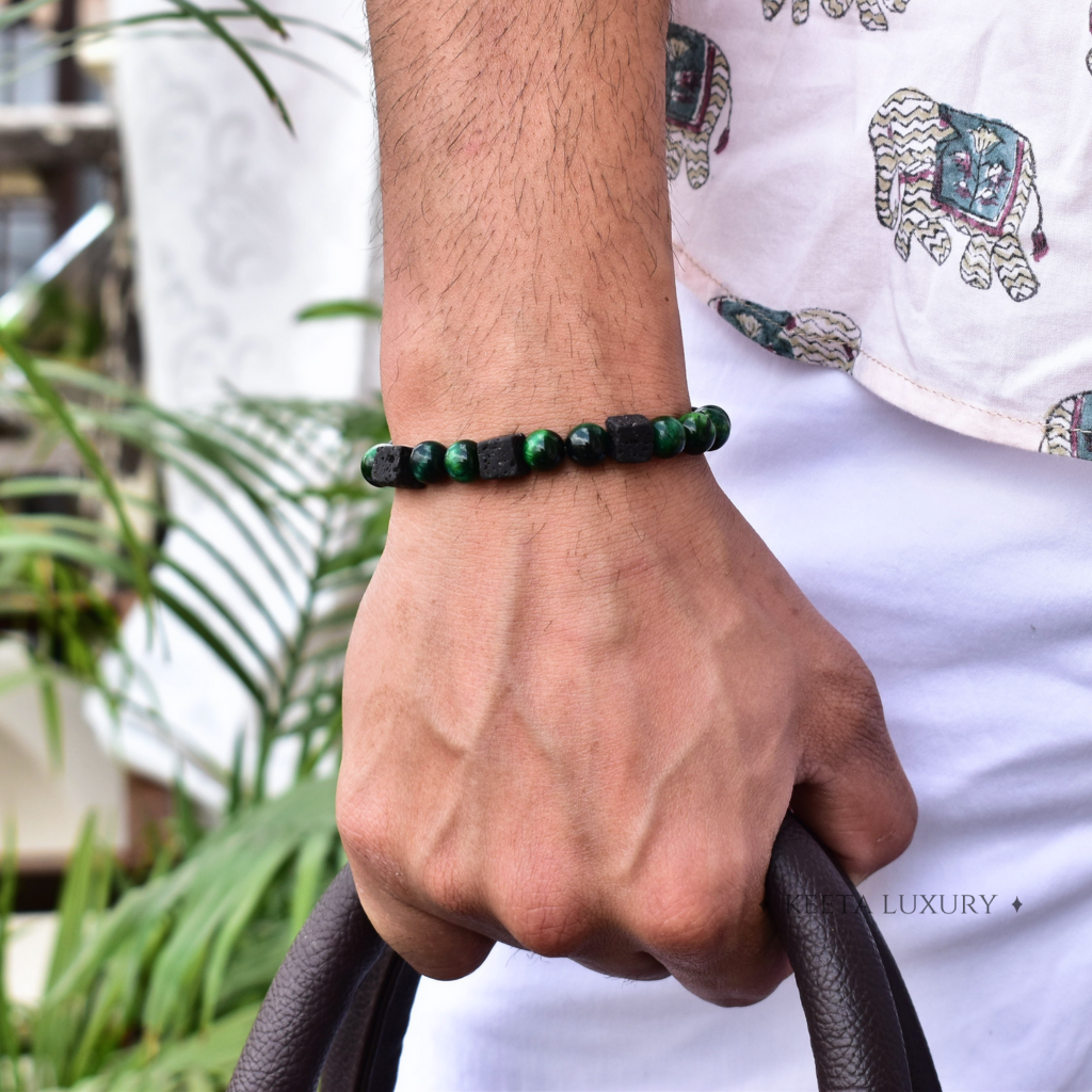 Green Treasure - Tiger Eye and Lava Bracelet -