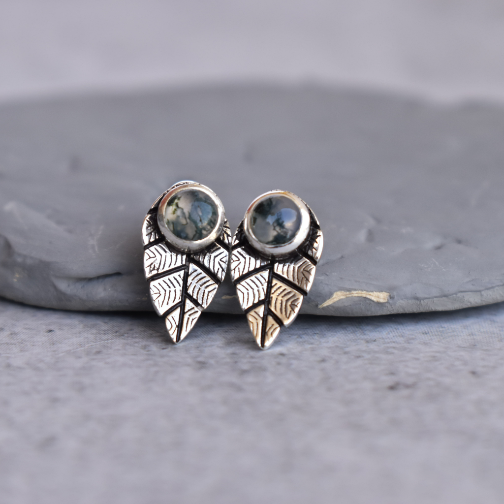Leaf Song - Moss Agate Studs -