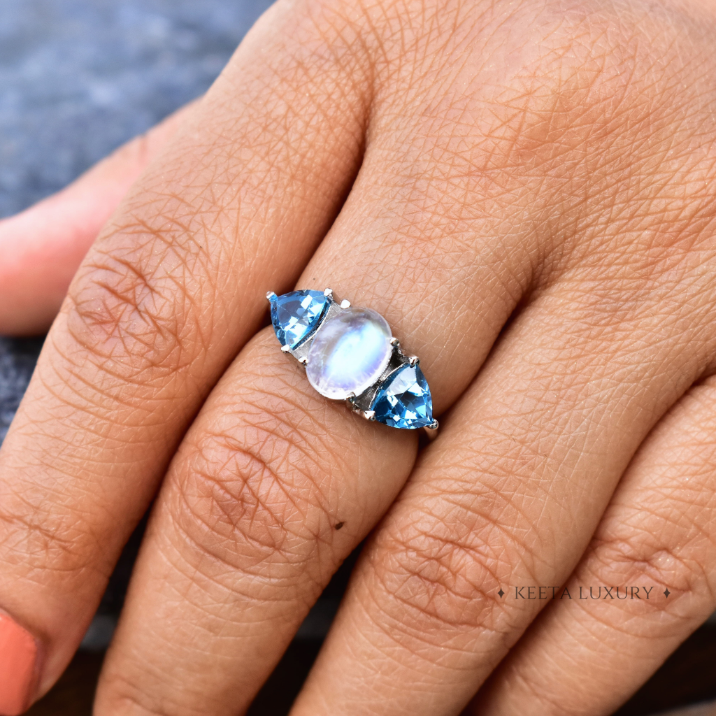 Mystic Blue Moon - Moonstone & Blue Topaz Ring -