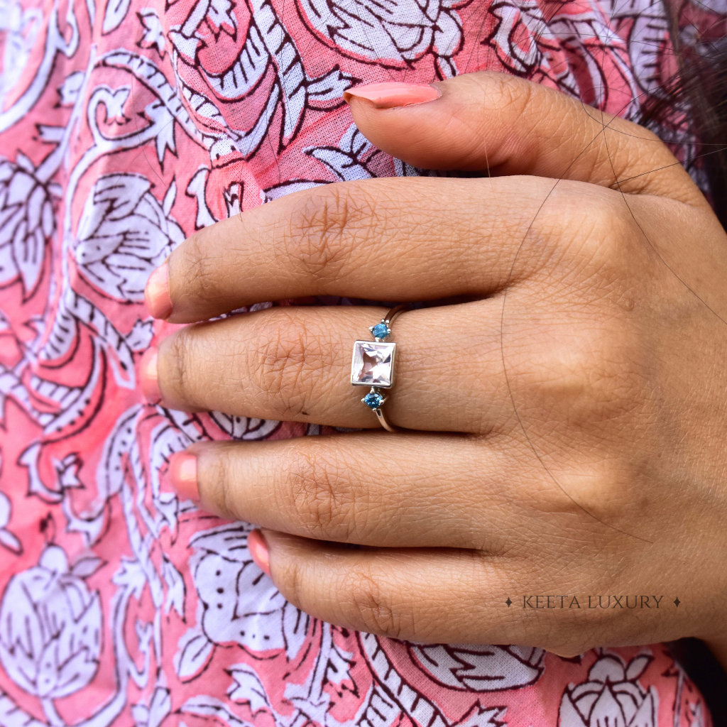 Rose And Sky - Rose Quartz and Blue Topaz Ring -