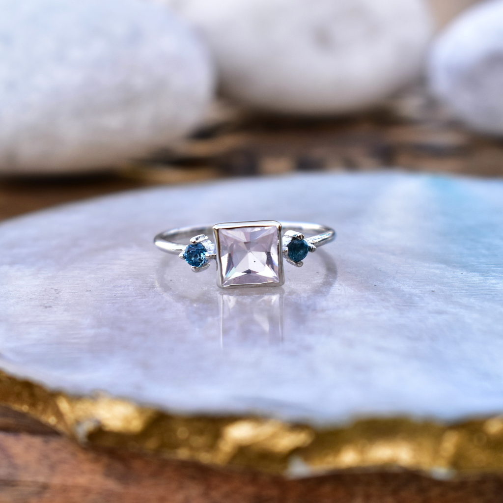 Rose And Sky - Rose Quartz and Blue Topaz Ring -