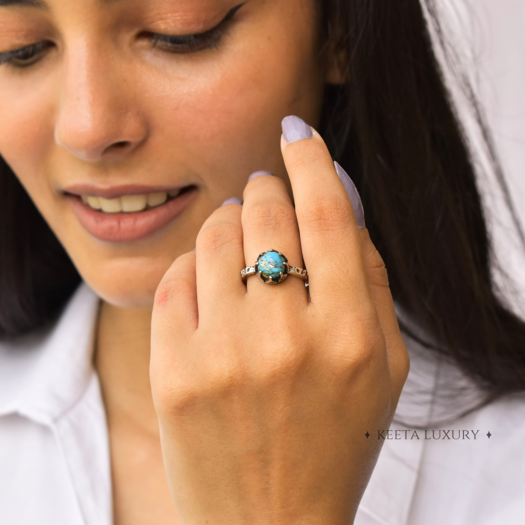 Textured Azure - Copper Turquoise Ring -