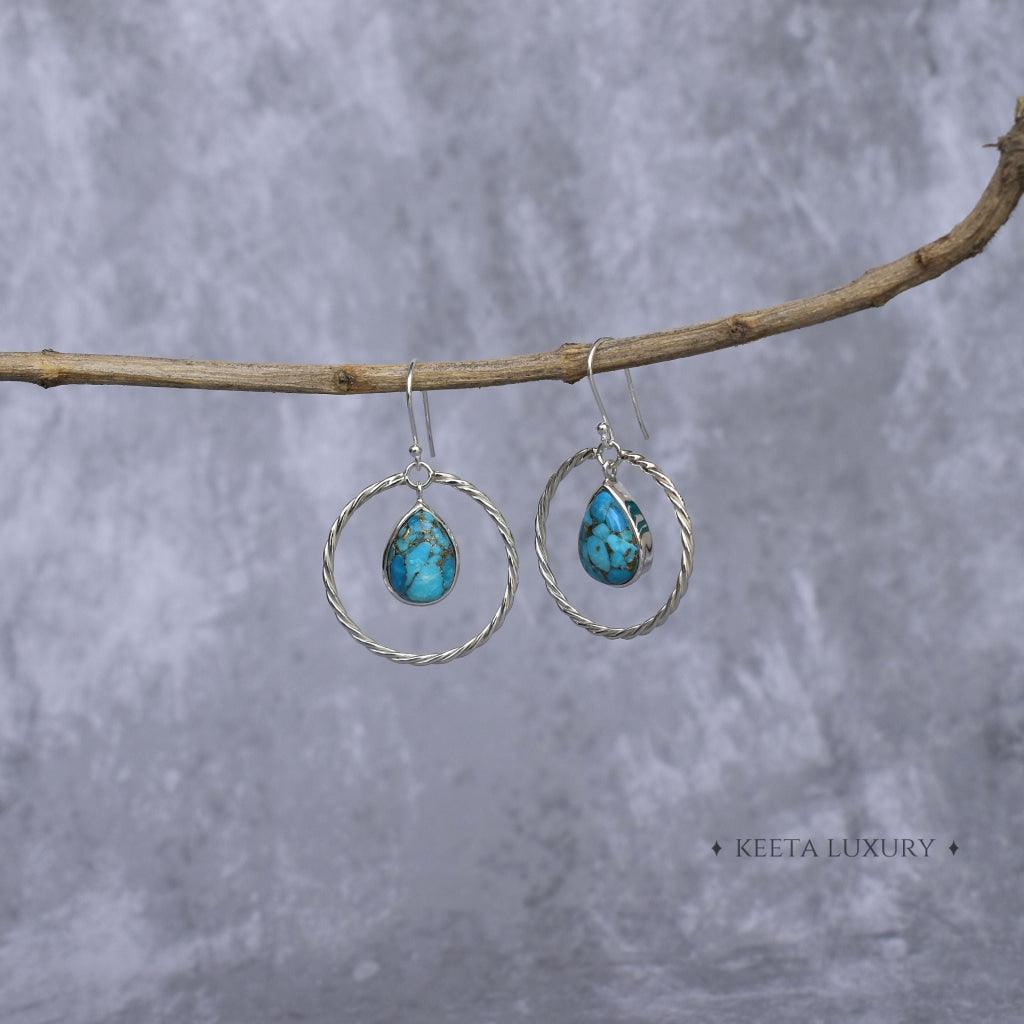 Twisted Pear - Copper Turquoise Hoop Earrings -