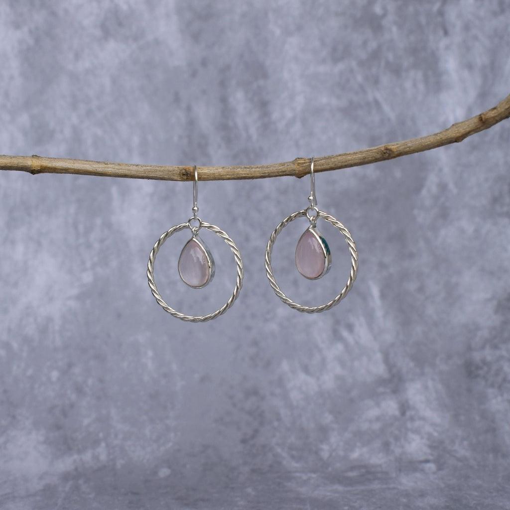 Twisted Pear - Rose Quartz Hoops Earrings -